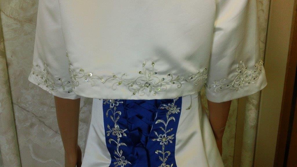 Ivory and Royal Blue wedding dress and jacket